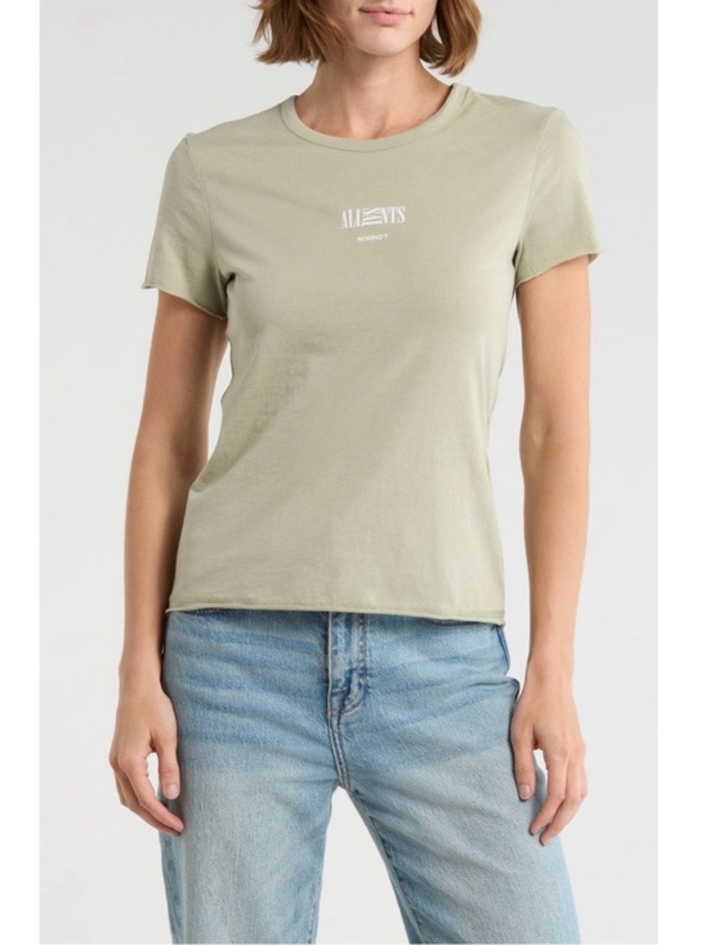 AllSaints Burman Bela Logo Graphic T-Shirt in Abbey Stone Green Size M